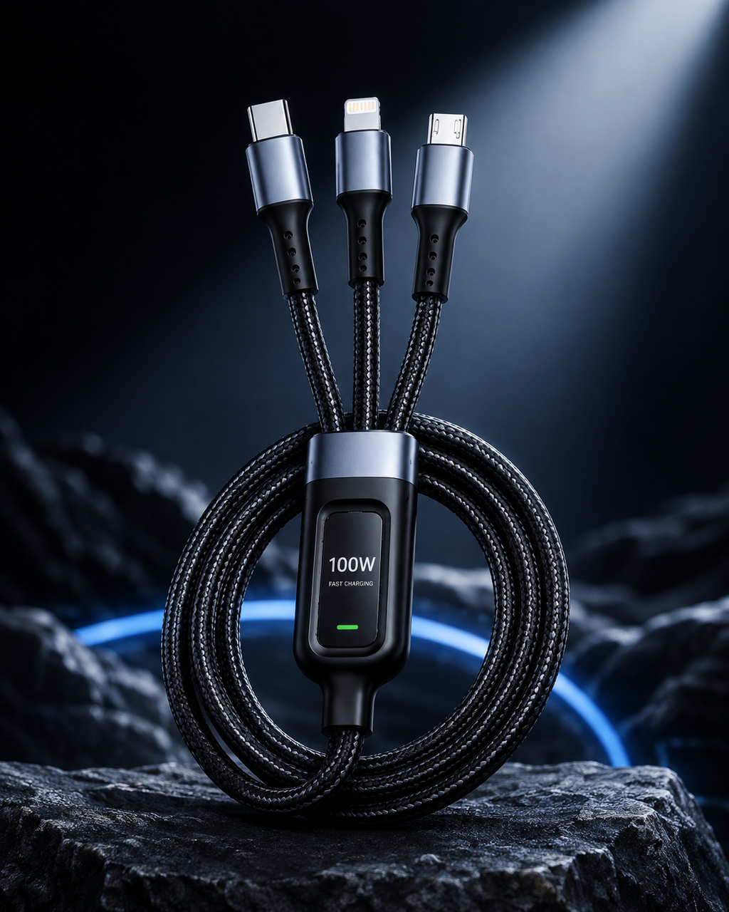 Nexonic® 3-in-1 100W Fast Charging Cable | USB-C, Lightning & Micro USB