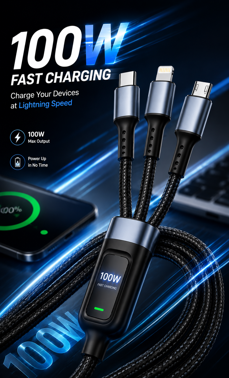 Nexonic® 3-in-1 100W Fast Charging Cable | USB-C, Lightning & Micro USB