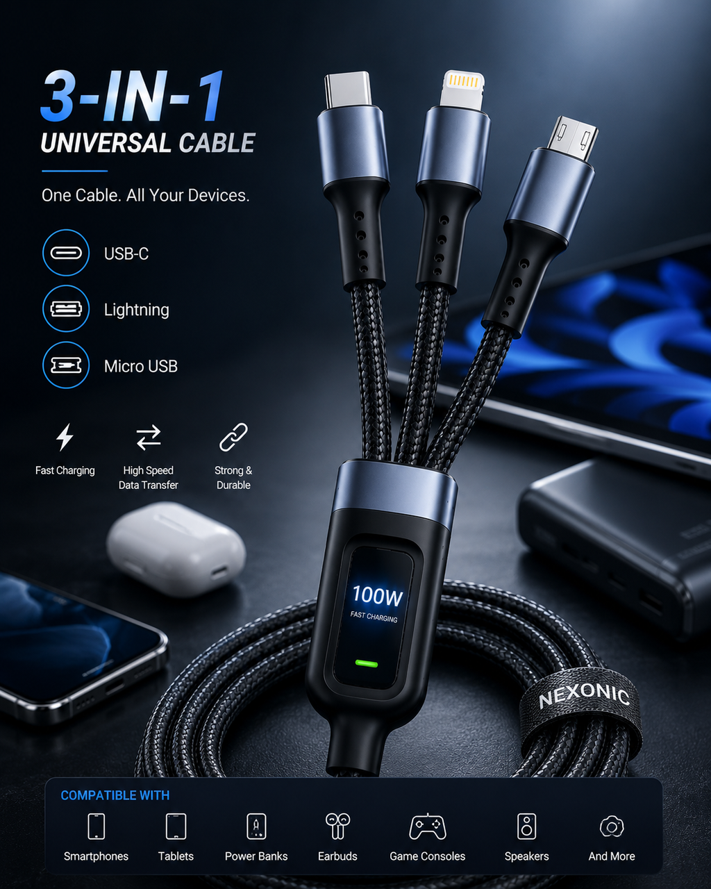 Nexonic® 3-in-1 100W Fast Charging Cable | USB-C, Lightning & Micro USB