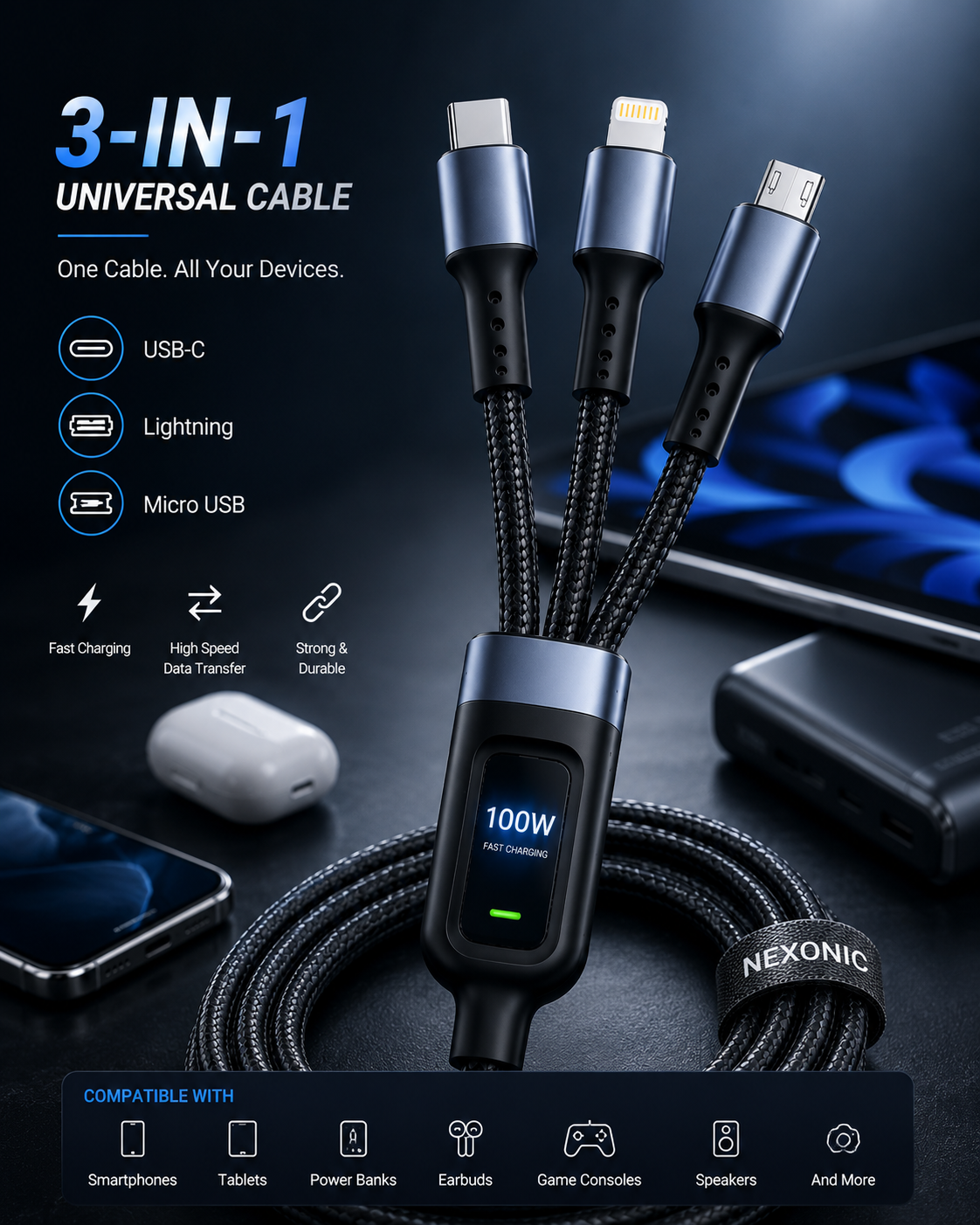 Nexonic® 3-in-1 100W Fast Charging Cable | USB-C, Lightning & Micro USB