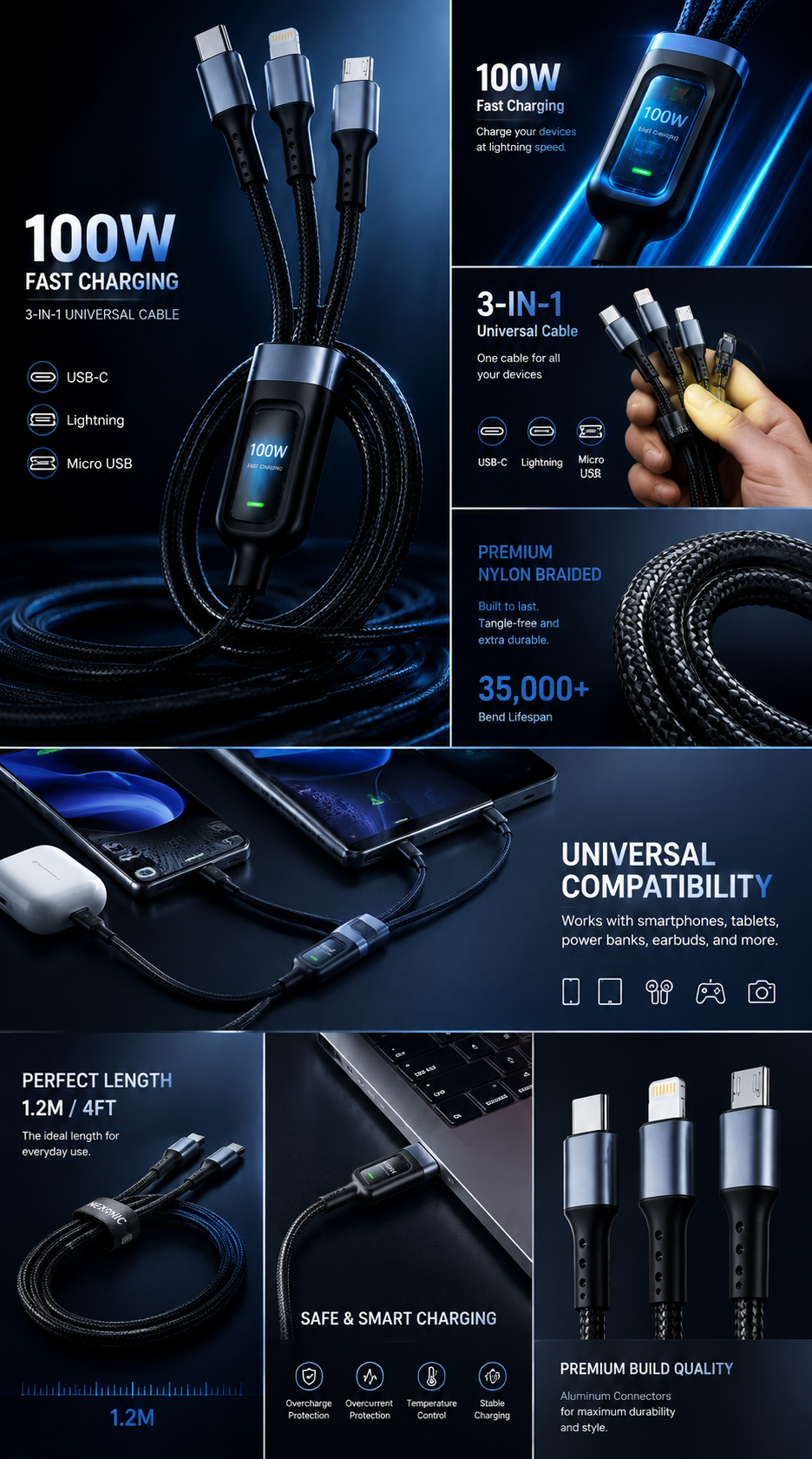 Nexonic® 3-in-1 100W Fast Charging Cable | USB-C, Lightning & Micro USB
