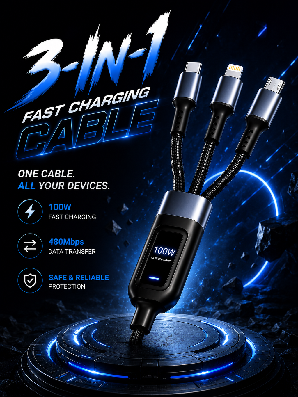 Nexonic® 3-in-1 100W Fast Charging Cable | USB-C, Lightning & Micro USB